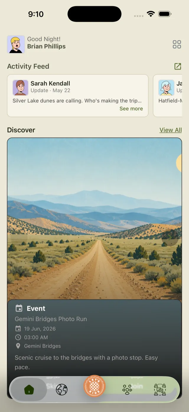Home feed with nearby activity and events
