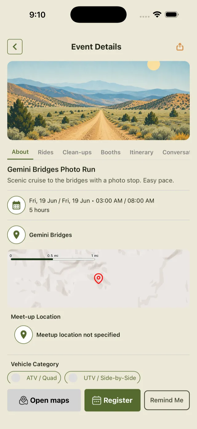 Event details for a group ride