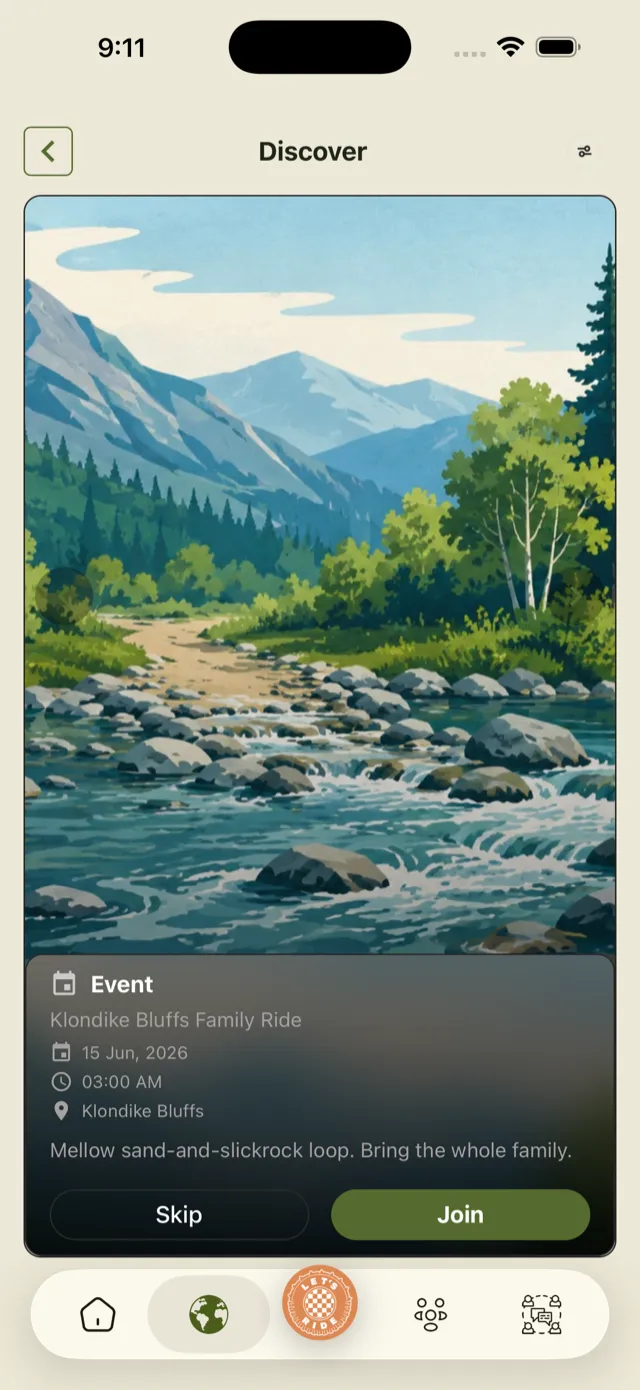 Discover screen with a nearby ride to join